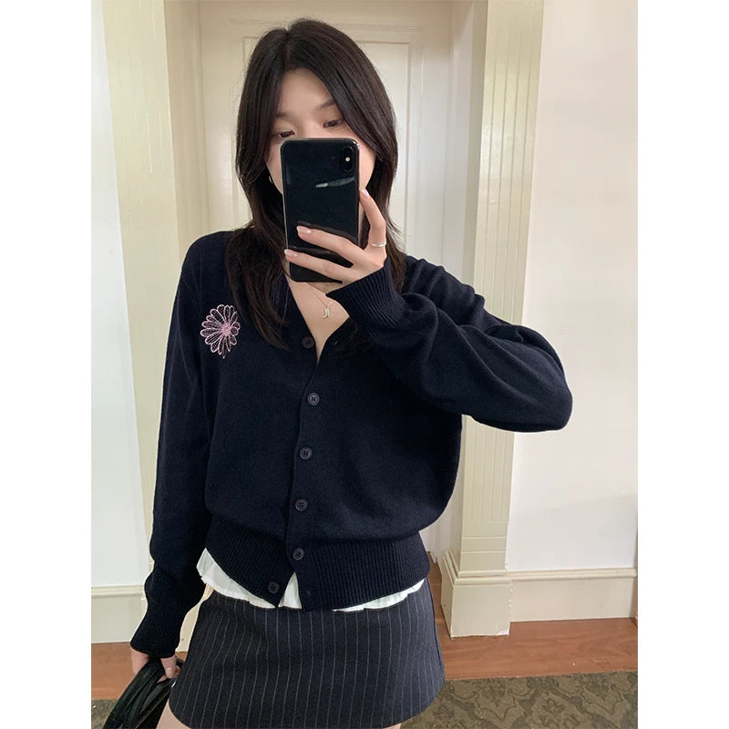 Knitted Cardigan Sweater – Long Sleeve, Embroidery Detail