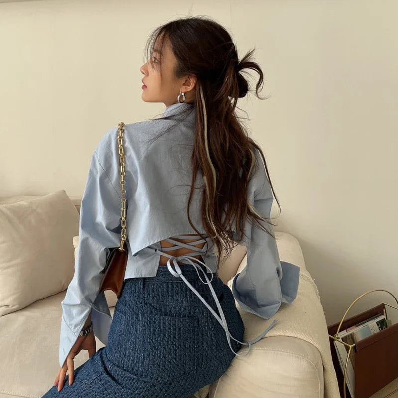 Long Sleeve Strapless Backless Blouse – Lace-Up Front