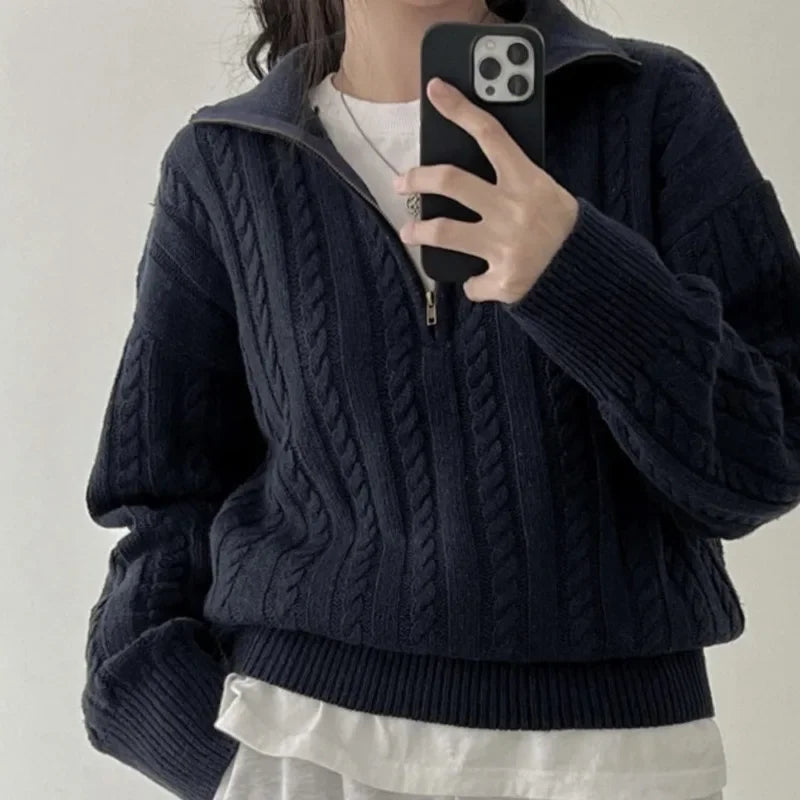 Half Zipper Sweater – Loose Casual Knit Pullover