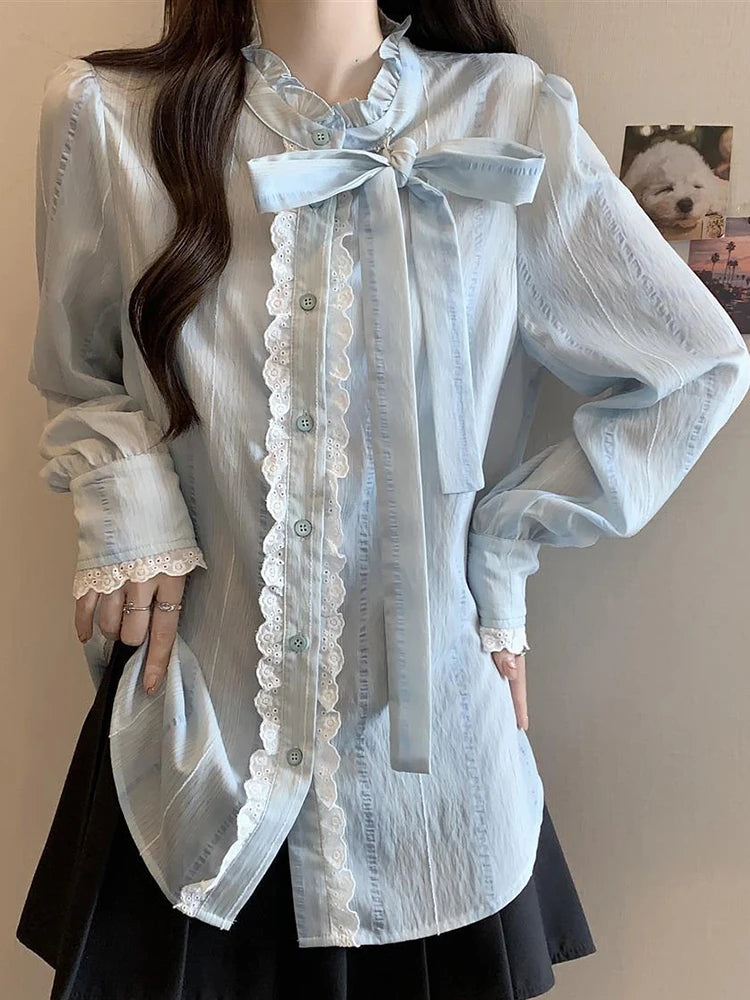 Lace Ruffle Shirt – Long Sleeve Bow Blouse