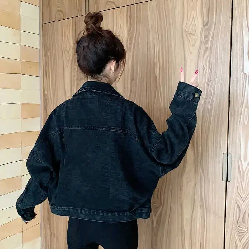 Short Black Denim Jacket – Retro Washed Look