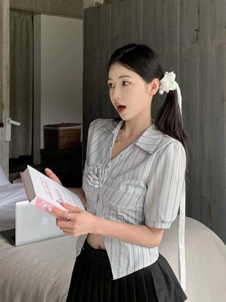 3D Floral Sweet Striped Blouse – Summer Vintage