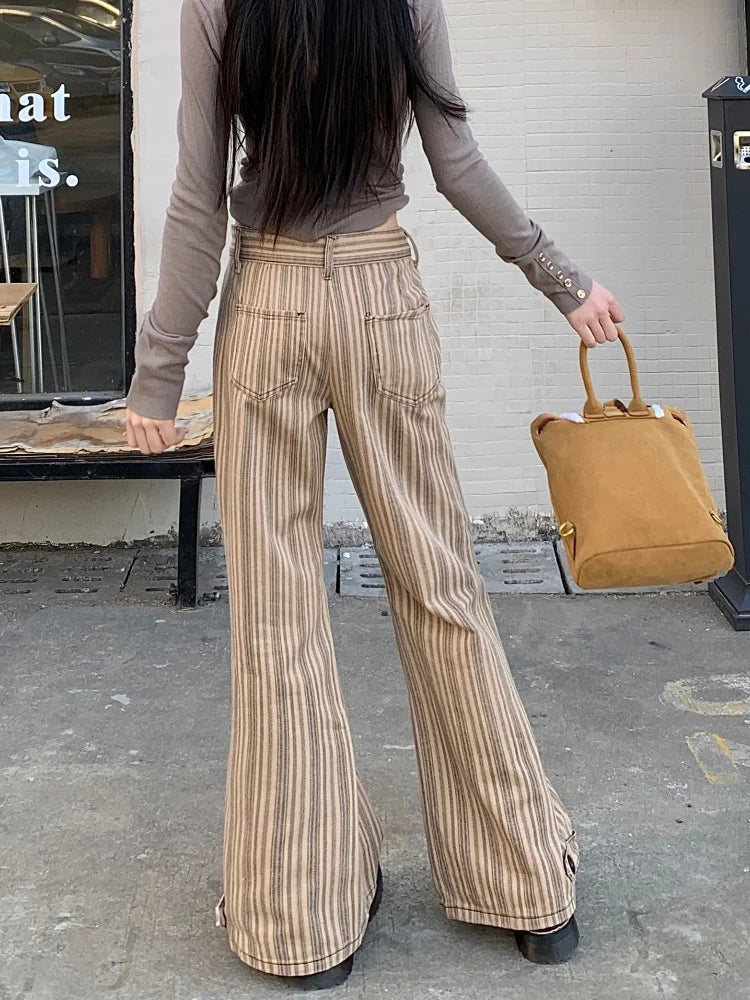 Khaki Slim Flare Jeans – High Waist Casual Pants for Women