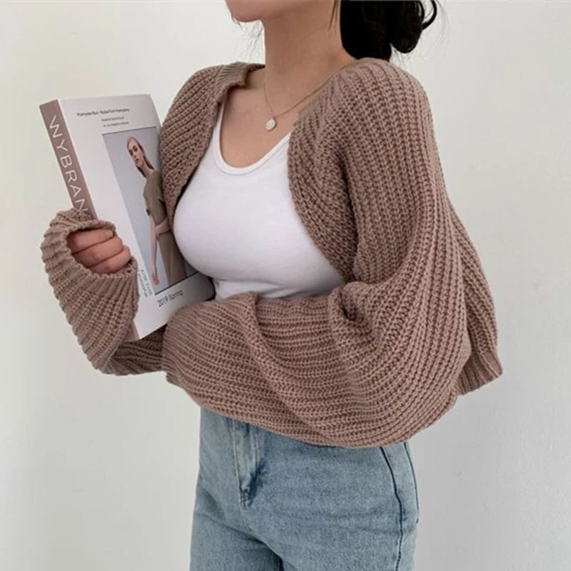Slim Short Knit Cardigan – Lantern Sleeve Crop Fit