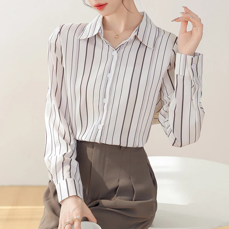 Striped Slim Long Sleeve Blouse – Elegant Fit