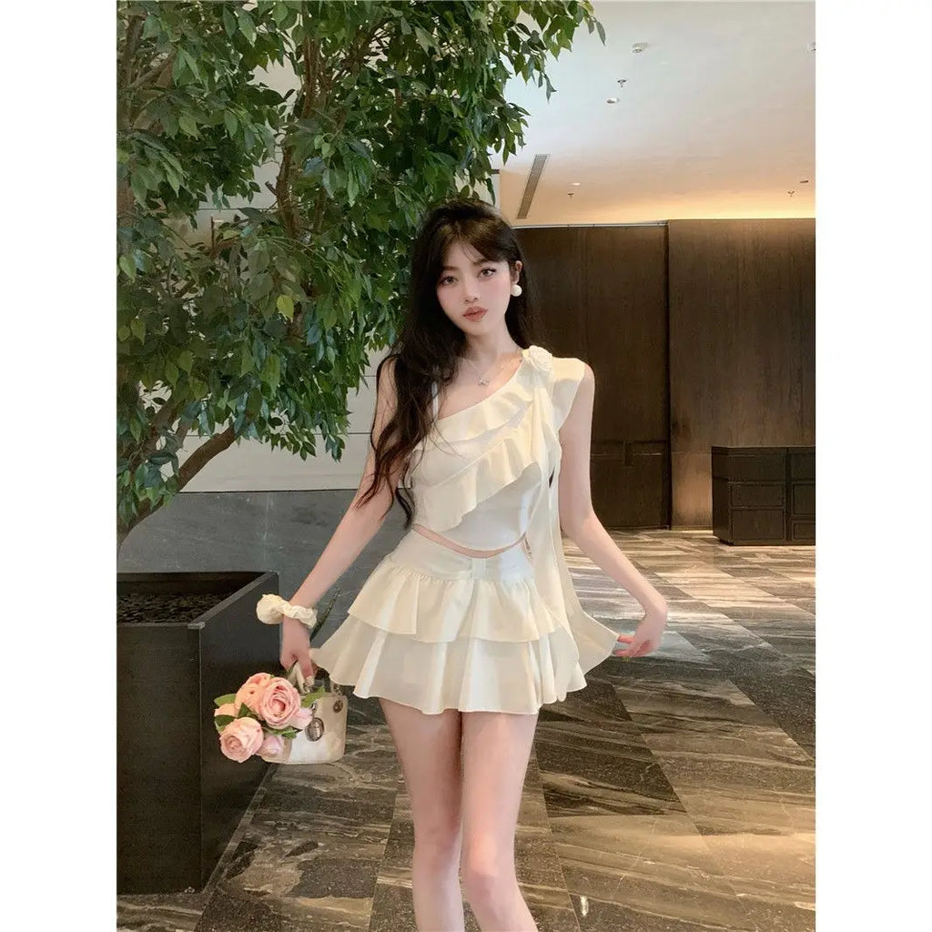 Off-Shoulder Ruffle Mini Skirt Set – Chiffon Crop Top Two-Piece