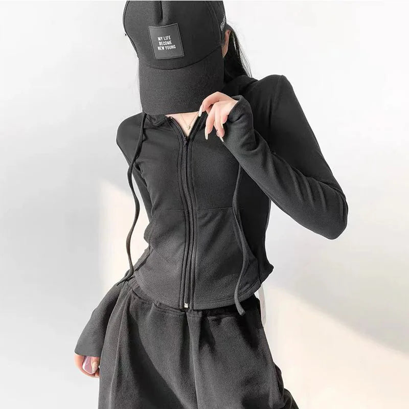 Zip-Up Hooded Knit Cardigan – Short Slim Fit for Fall