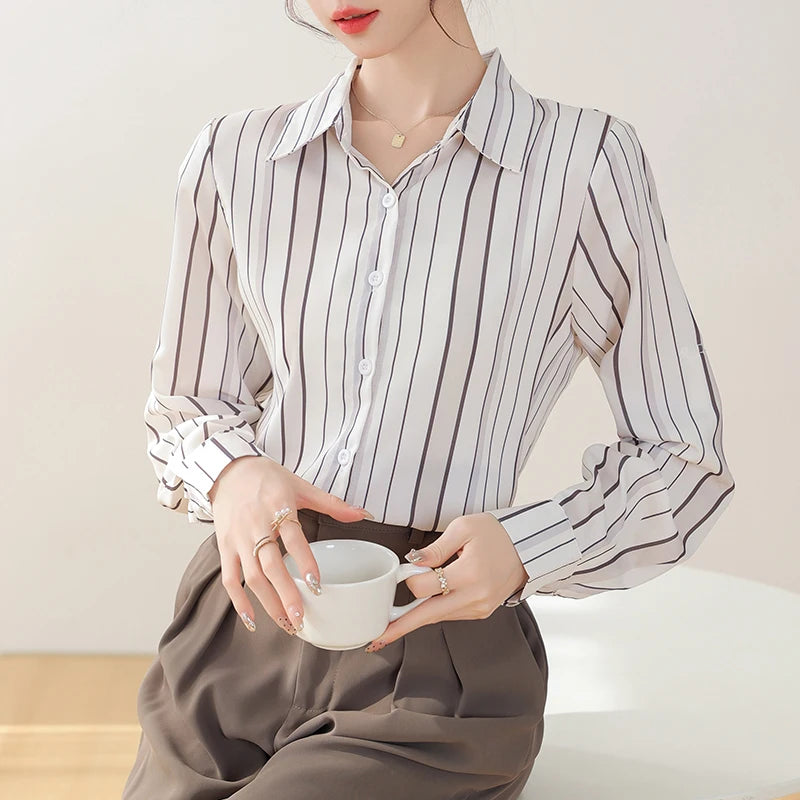 Striped Slim Long Sleeve Blouse – Elegant Fit