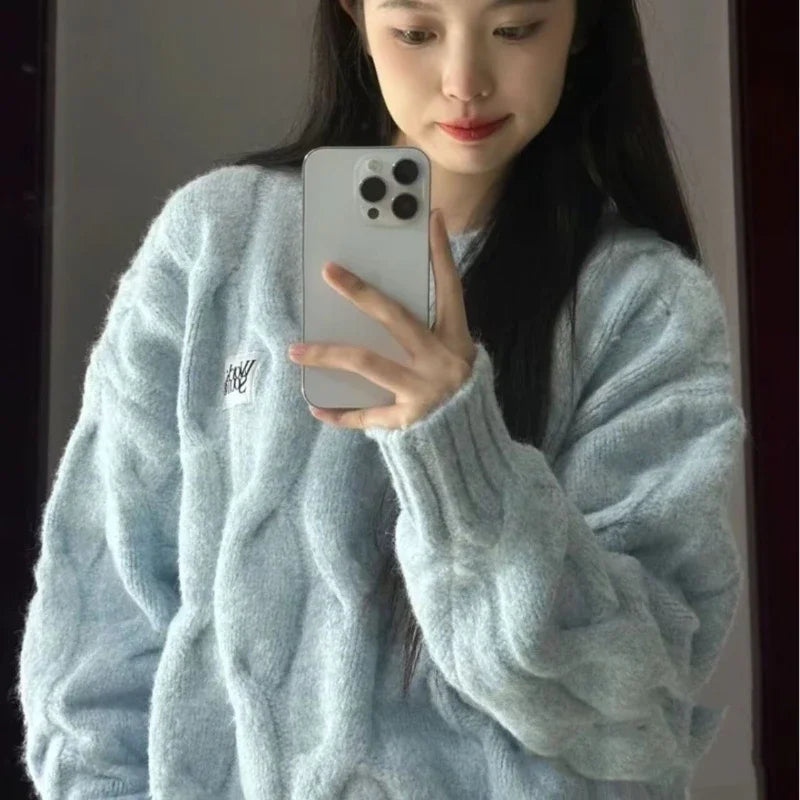 Vintage Twist Knit Sweater – Long Sleeve Pullover, Loose Fit