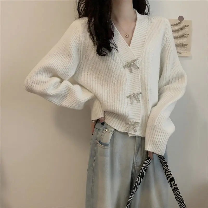 V-Neck Knit Cardigan – Elegant Solid Button Design