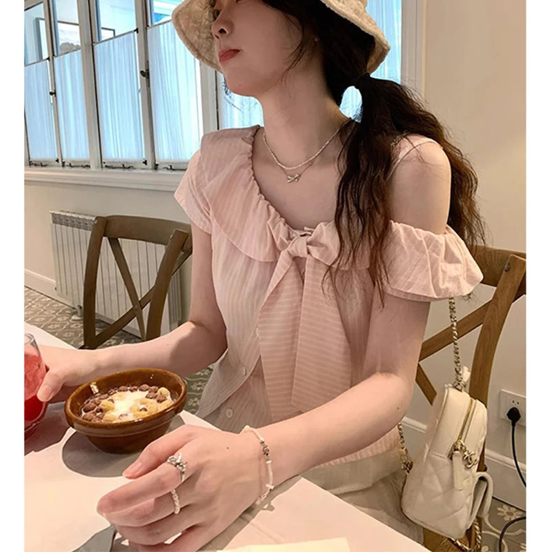Sweet Pink Striped Shirt – Cropped Bow Blouse