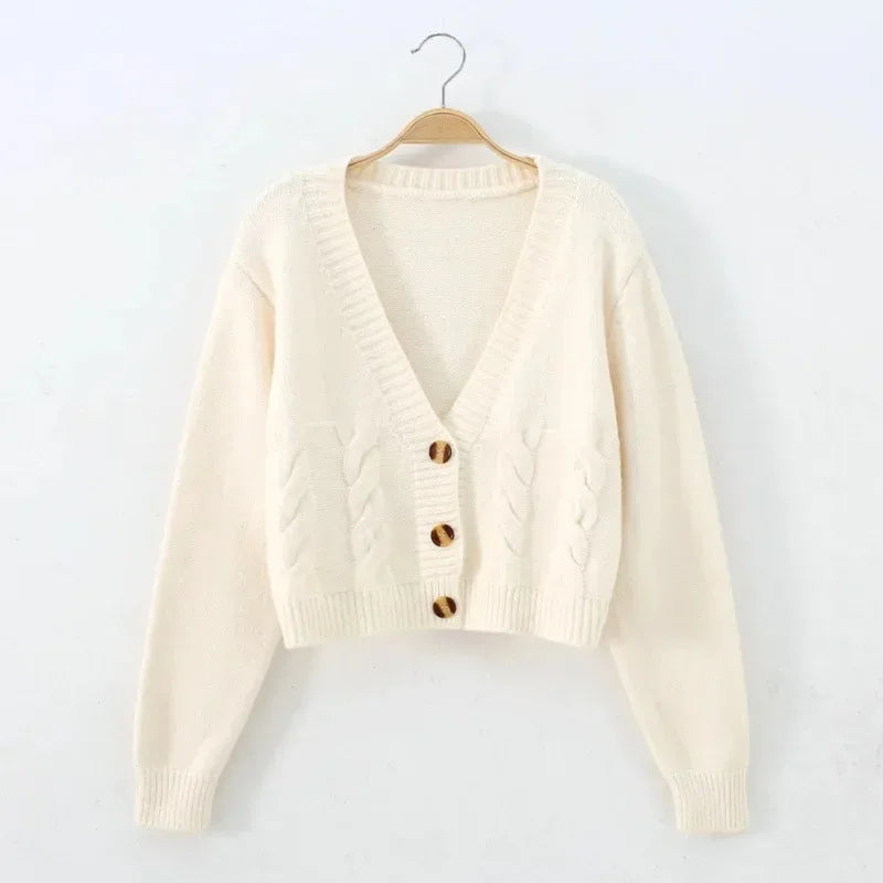 V-Neck Cropped Twist Knit Cardigan – Long Sleeve Slim Fit