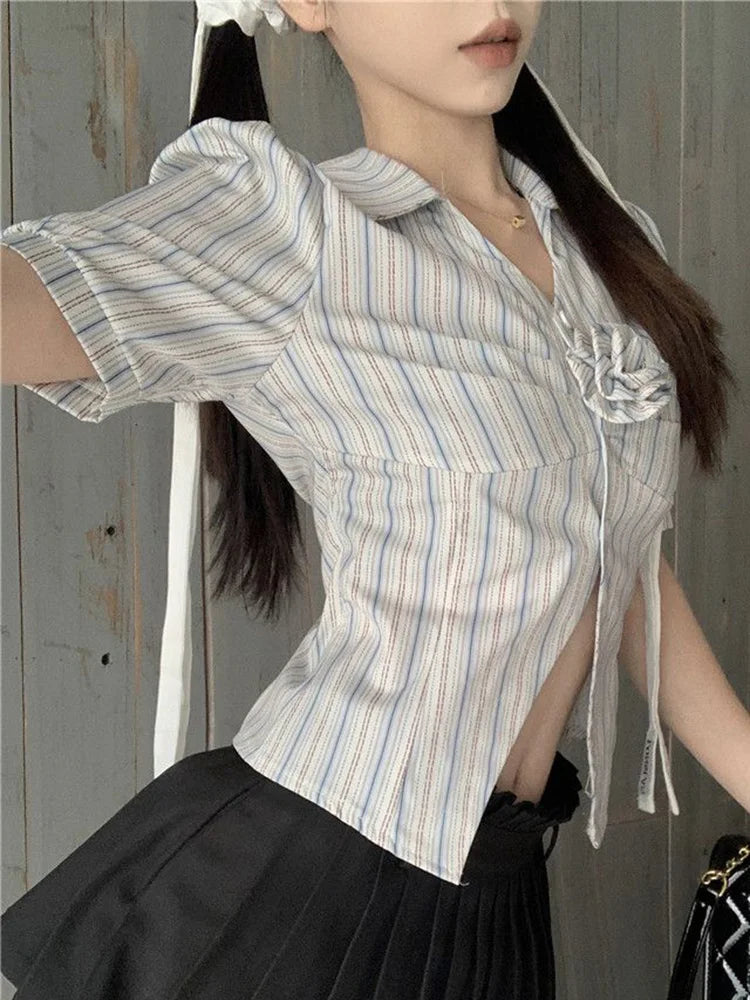 3D Floral Sweet Striped Blouse – Summer Vintage