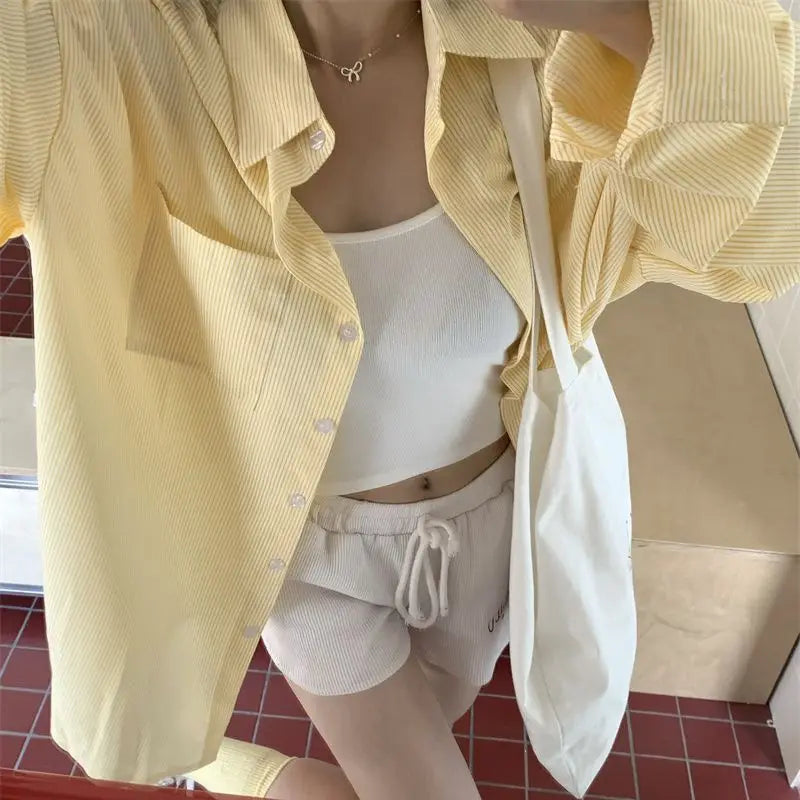 Butter Yellow Striped Shirt – Long Sleeve Loose Fit