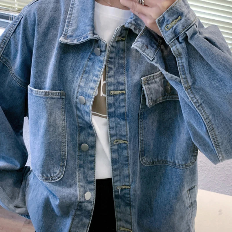 Loose Blue Denim Coat – Long Sleeve Casual Fit