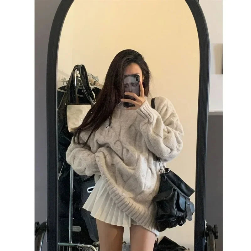 Vintage Twist Knit Sweater – Long Sleeve Pullover, Loose Fit