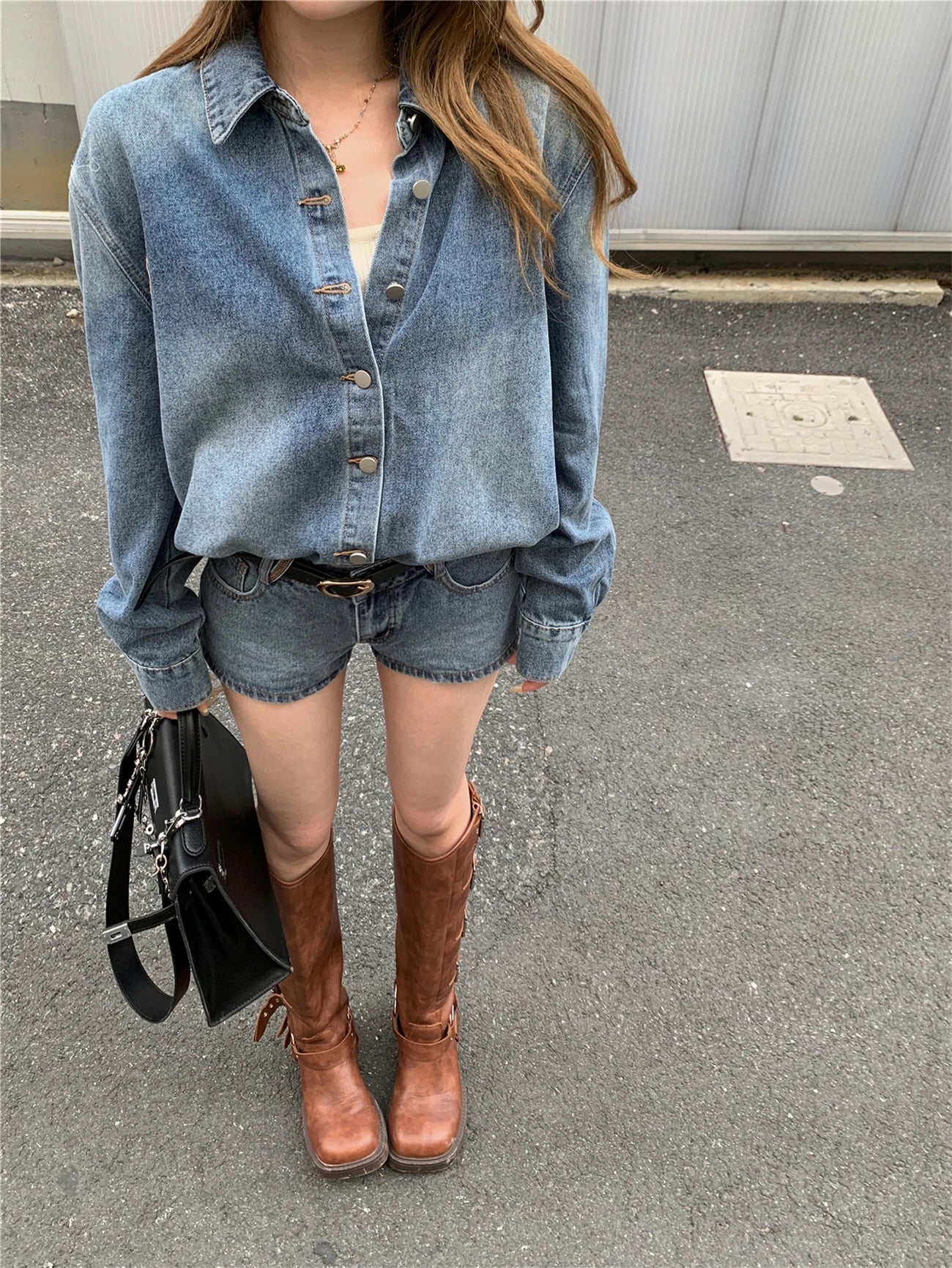Denim Two-Piece Shorts Set – Long Sleeve Shirt + Mini Shorts