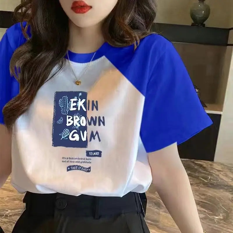 Color Block Letter Blouse – Short Sleeve O-Collar