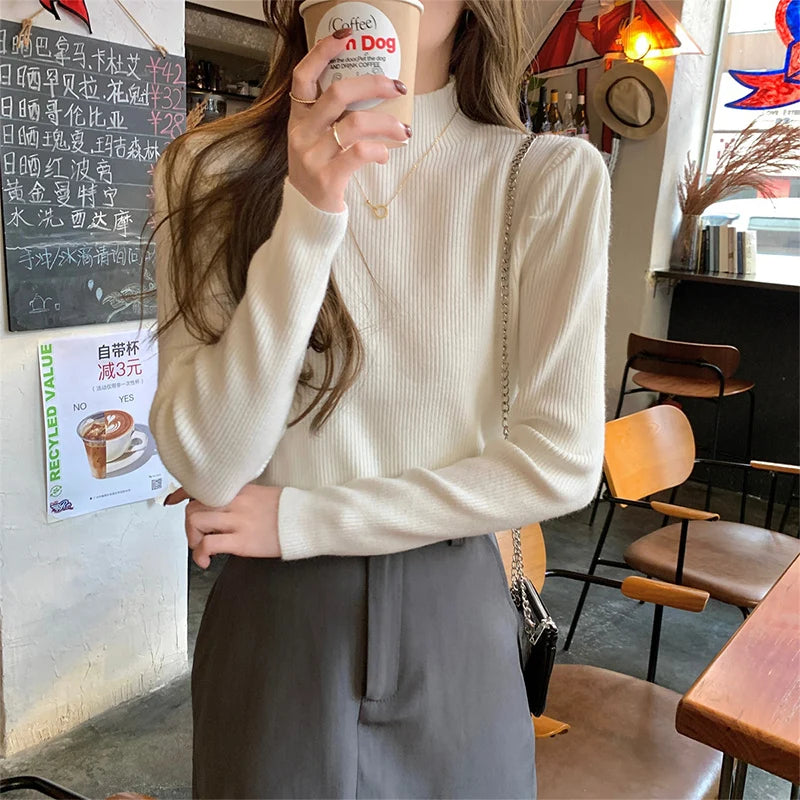 Puff Sleeve Knit Sweater – Half-High Collar, Loose Fit