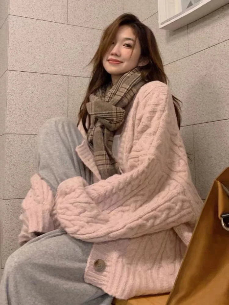 Pink V-Neck Sweater – Single Breasted Twist Knit