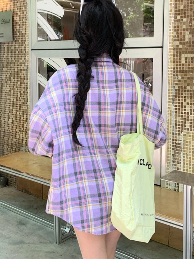 Retro Purple Plaid Oversize Blouse – Loose Street Style