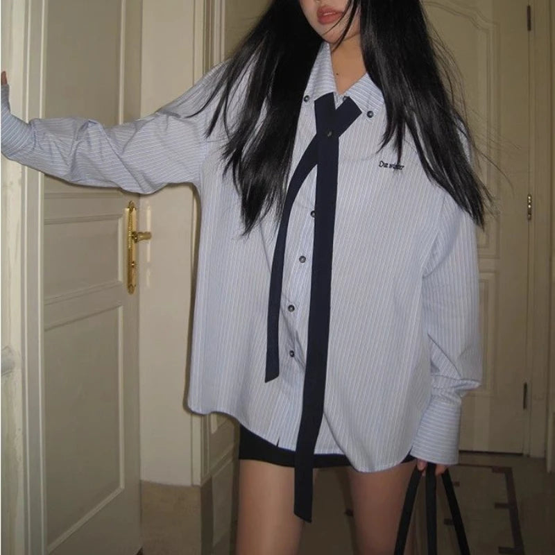 Blue Striped Long Sleeve Letter Embroidery Shirt