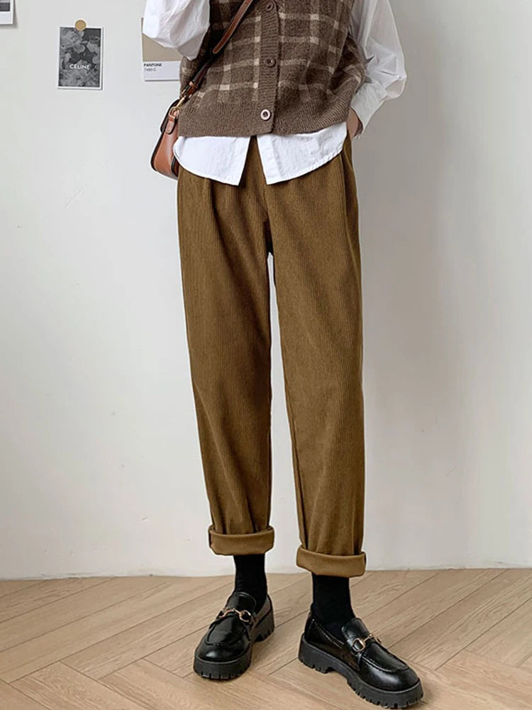 Elegant Retro Corduroy Pants – Simple Loose Straight Wide Leg