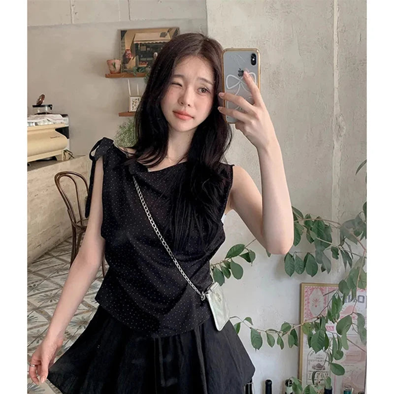 Polka Dot Lace-Up Blouse – Skew Collar Design