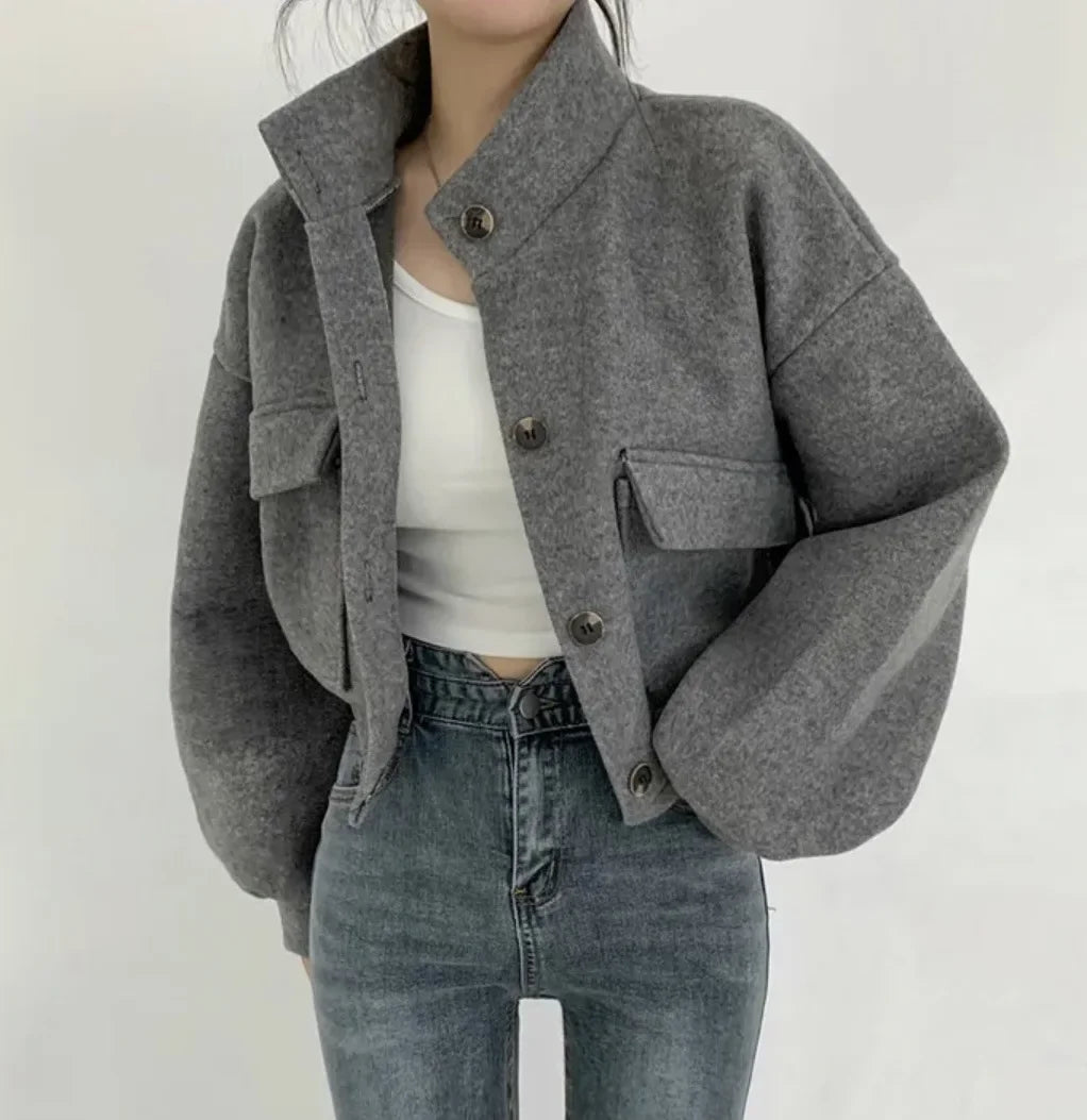 Solid Stand Collar Jacket – Vintage Loose Fit for Fall