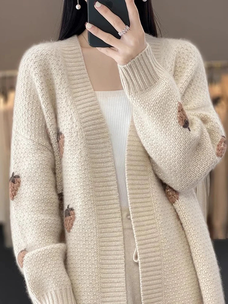 Strawberry V-Neck Knit Cardigan – Soft Embroidery Casual Outerwear