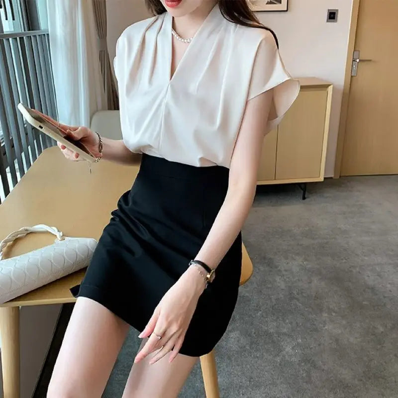 Chiffon Pullover Blouse – Short Sleeve Office Wear
