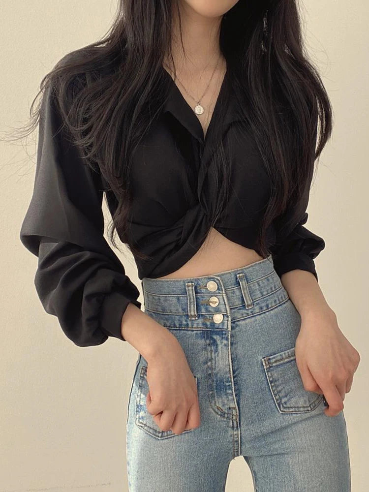 Cropped Back Bow Blouse – Slim Long Sleeve Top