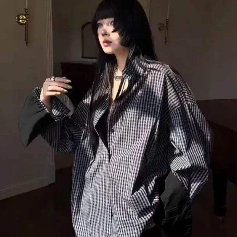 Vintage Plaid Contrast Blouse – Flip Sleeve