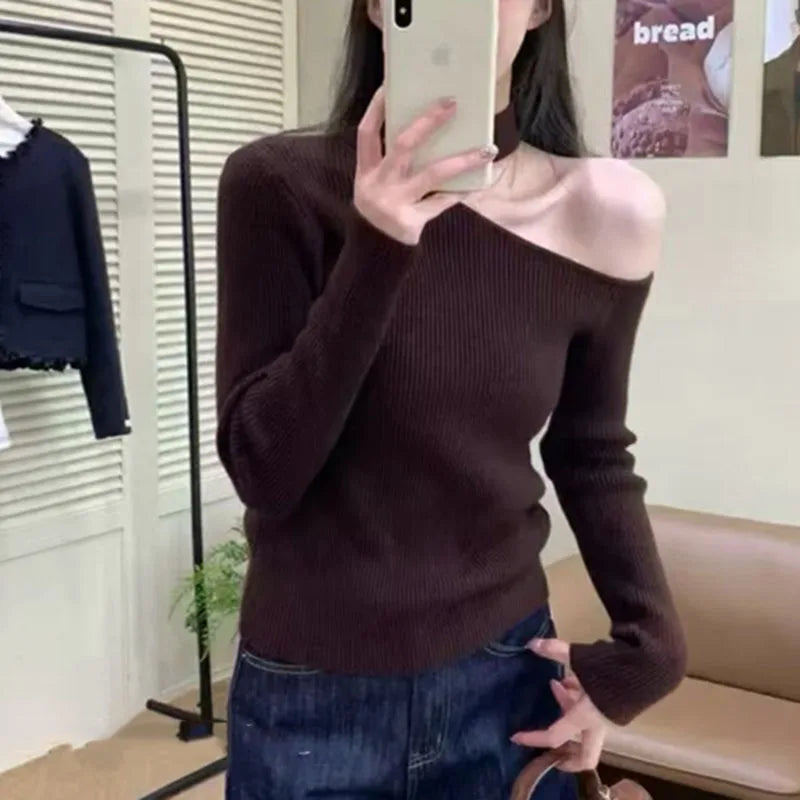 Off-Shoulder Long Sleeve Sweater – Solid Basic Knit