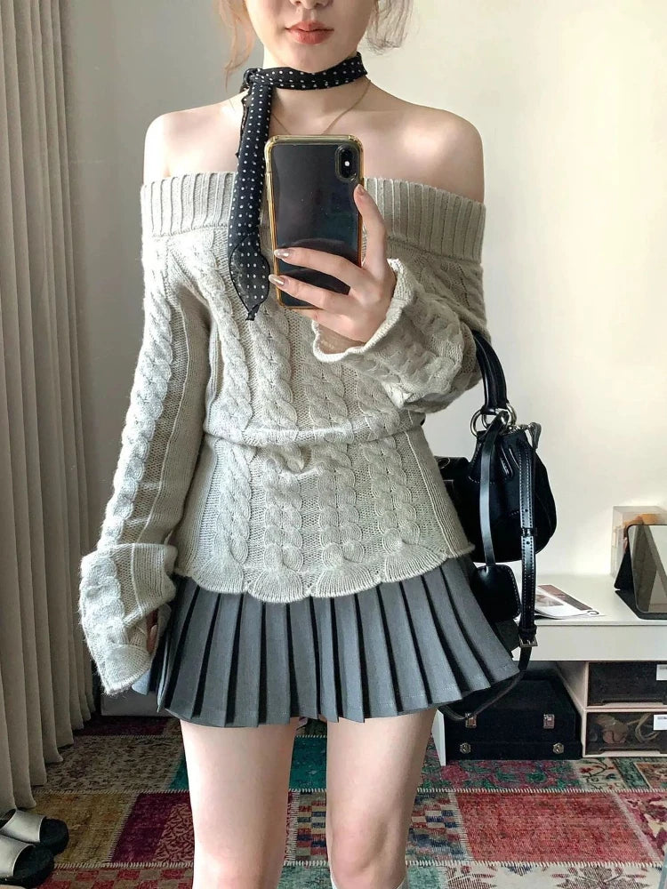 Off-Shoulder Knit Pullover – Long Sleeve