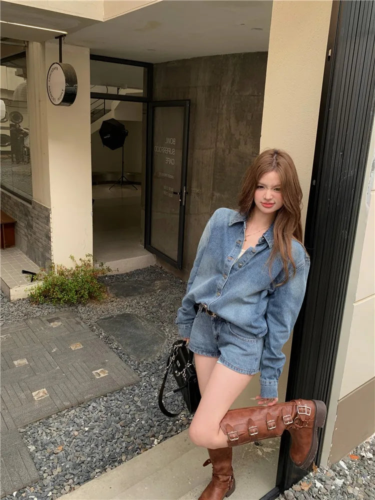 Denim Two-Piece Shorts Set – Long Sleeve Shirt + Mini Shorts