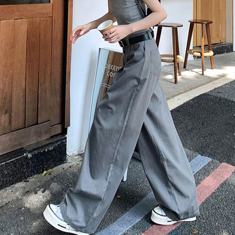 Streetwear Wide Leg Baggy Jeans – High Waist Loose Gray Trousers