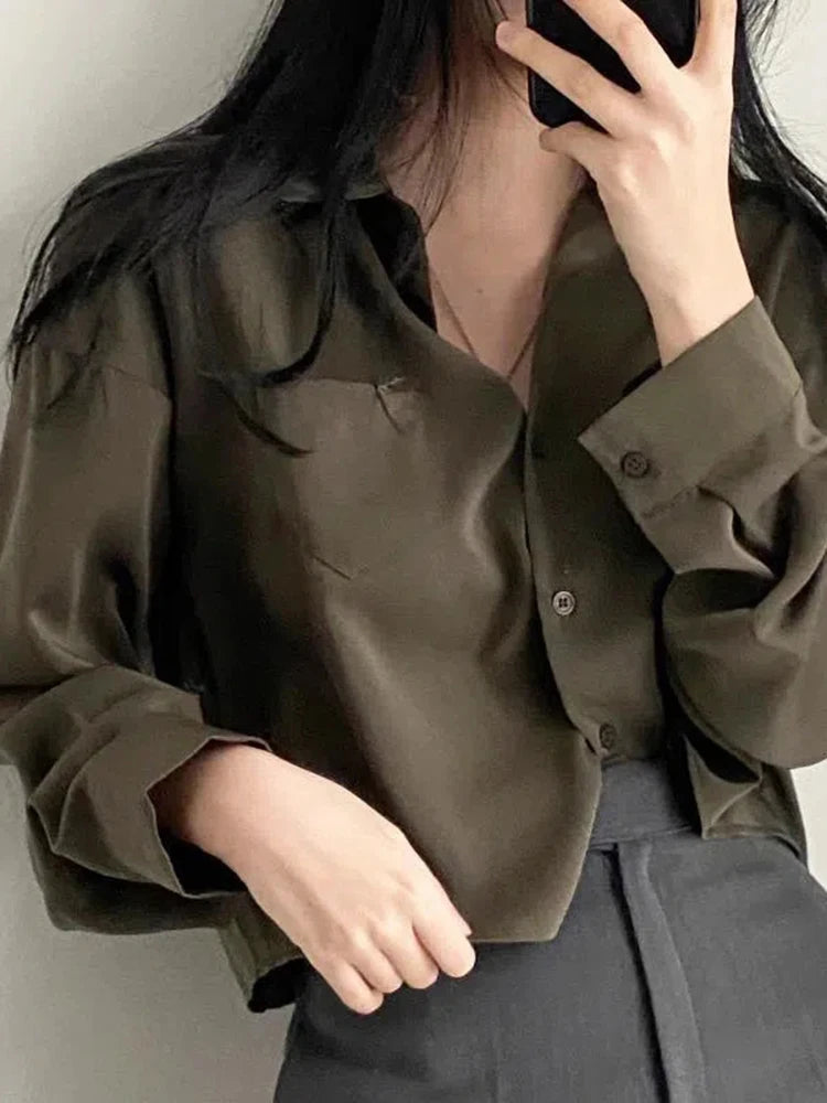 Solid Long Sleeve Button-Up Blouse – Chiffon & Short Style