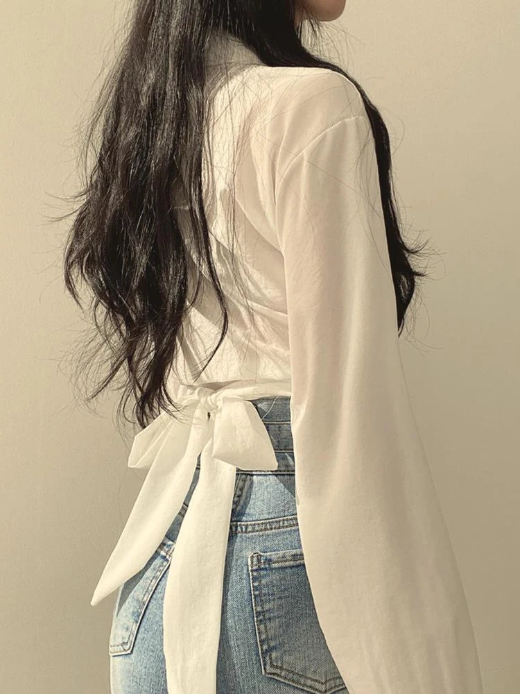 Cropped Back Bow Blouse – Slim Long Sleeve Top