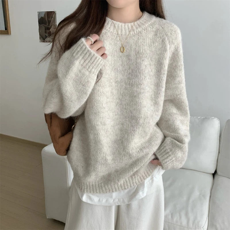 Solid O-Neck Loose Sweater – Long Sleeve Knit