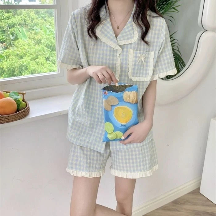 Plaid Summer Pajama Set – Short Sleeve Top & Shorts, Casual Homewear