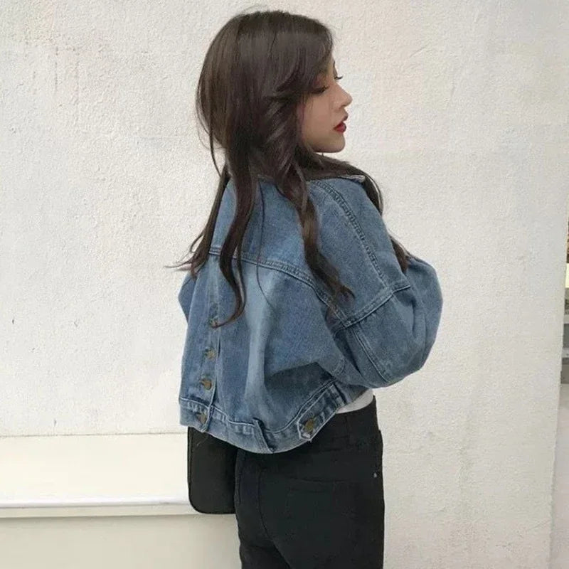 Cropped Denim Jacket – Back Split Bomber with Lapel and Buttons