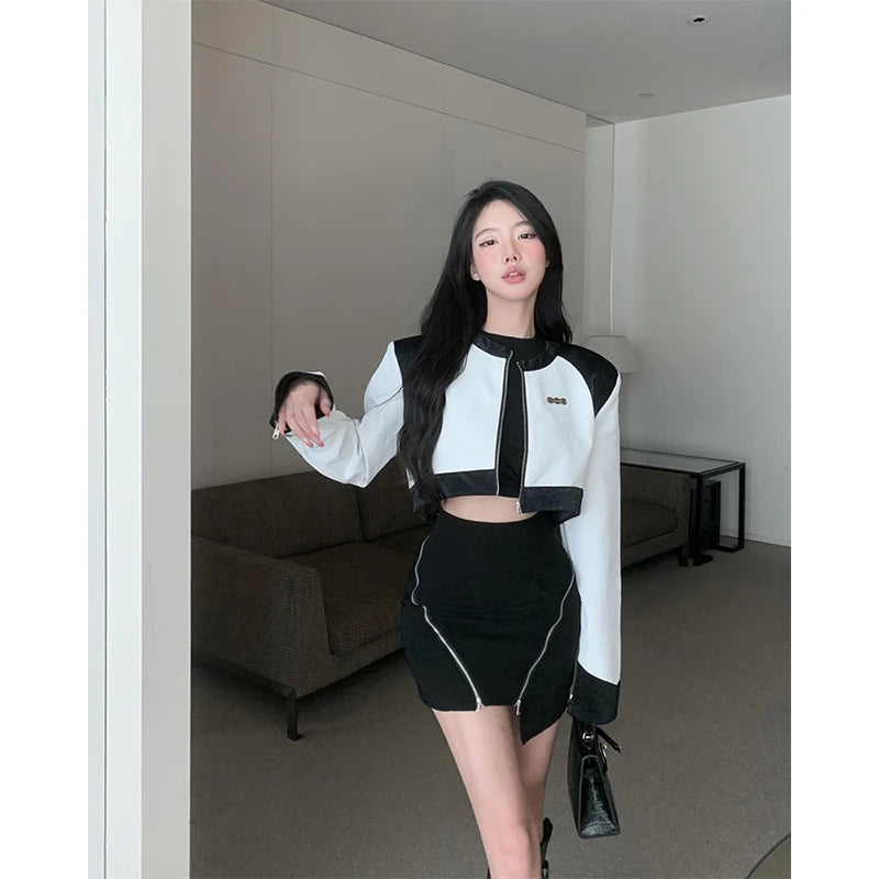 Cropped PU Leather Jacket Women Patchwork Motorcycle Short Coat Vintage Streetwear