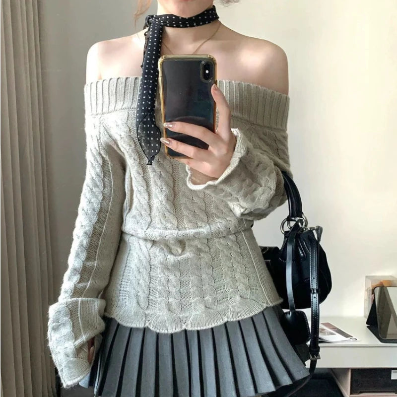 Off-Shoulder Knit Pullover – Long Sleeve