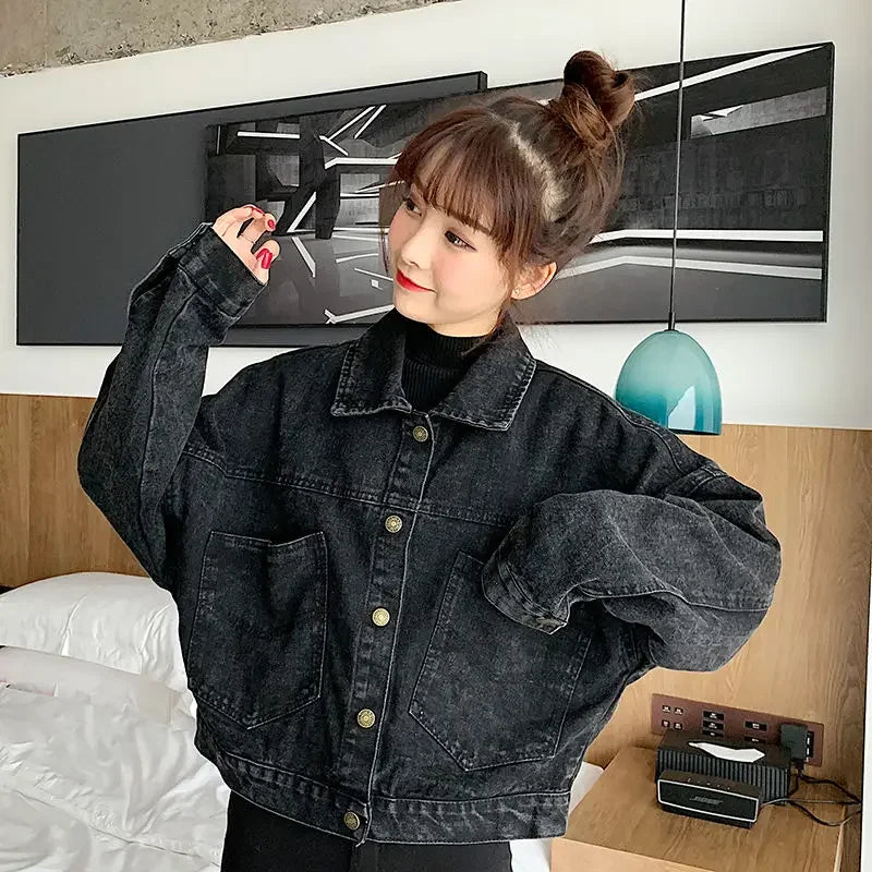 Short Black Denim Jacket – Retro Washed Look