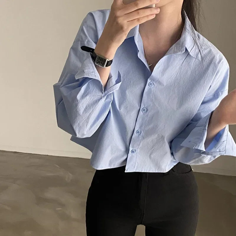 Long Sleeve White Shirt – Button Back Split Crop Design