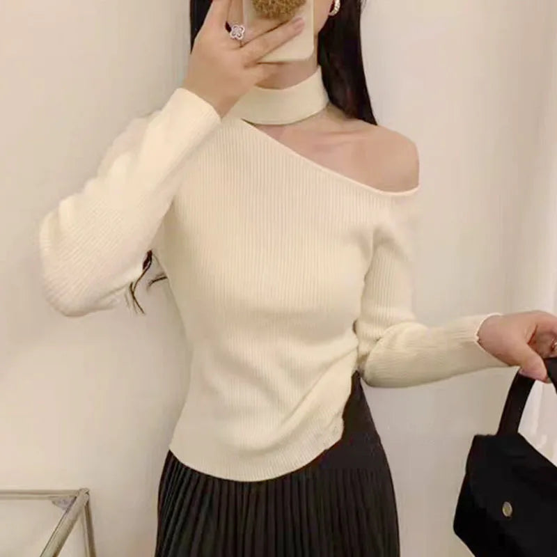 Off-Shoulder Long Sleeve Sweater – Solid Basic Knit