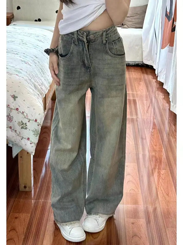 Retro Loose Flare Jeans – Wide Leg Raw Edge Denim