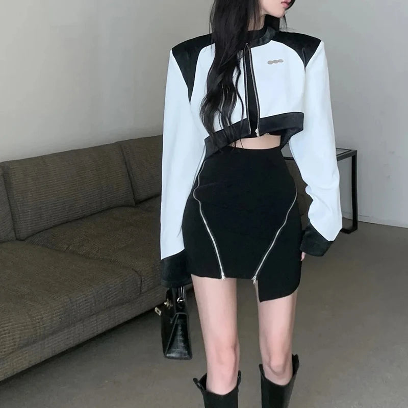Cropped PU Leather Jacket Women Patchwork Motorcycle Short Coat Vintage Streetwear