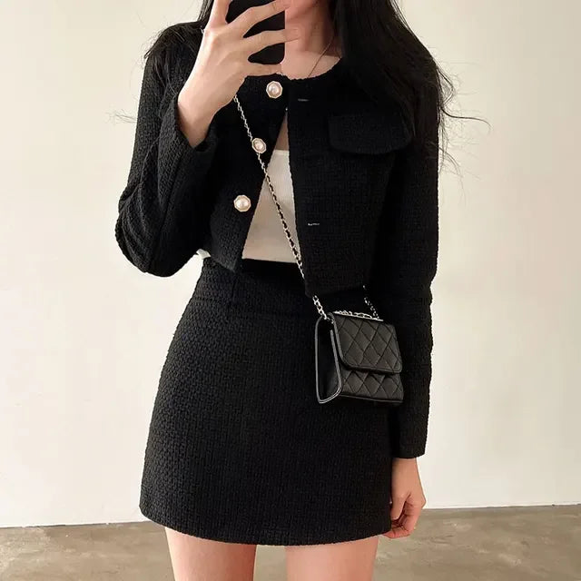 Tweed Two-Piece Set – Long Sleeve Cardigan Jacket + A-Line Mini Skirt